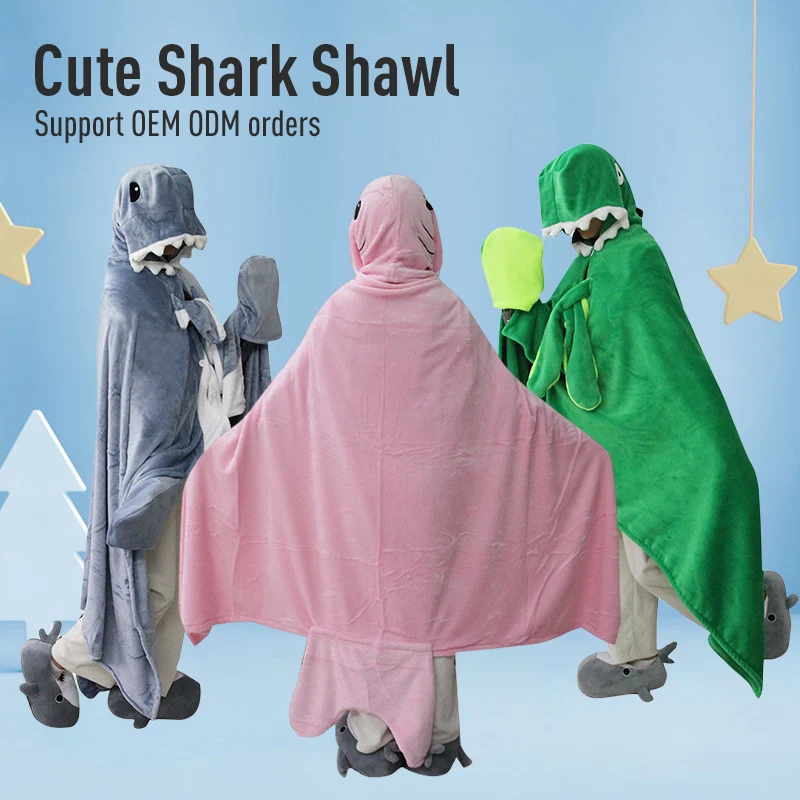 Cross-border black shark sleeping bag shawl with hat flannel suit cape home onesie