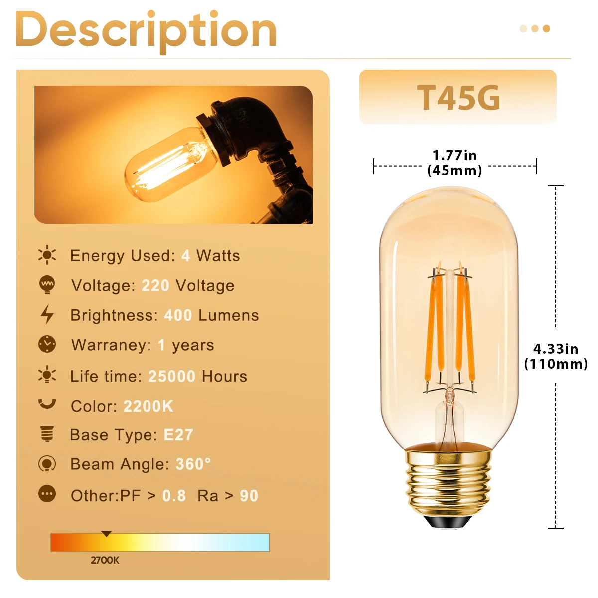 T45 튜브 LED 전구, E27 220V 호박색 유리, 4W 조도 조절 조명 필라멘트 램프, 펜던트 샹들리에, 따뜻한 흰색 빈티지 홈 장식