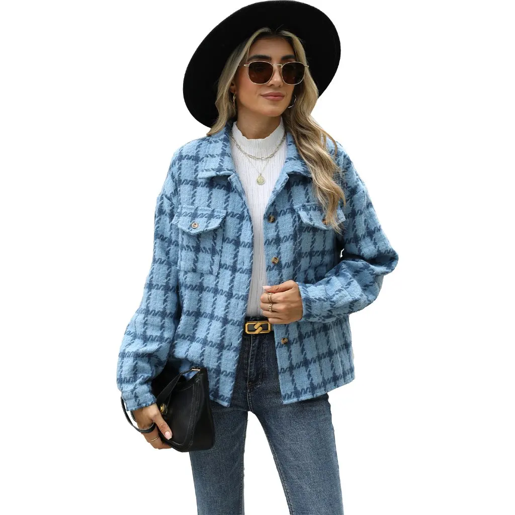 

Women's Plaid Long Sleeve Cardigan Woolen Coat Autumn Winter New Style European American Lapel Loose Fit Outerwear