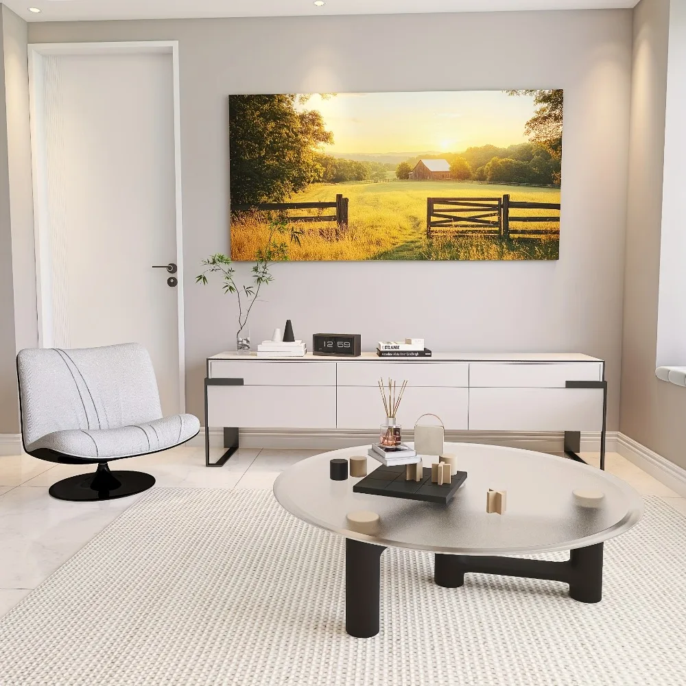 

Peaceful Wheat Field sunset Canvas art - vivid red sky and gold ocean scene, 1.5 inch thick pine frame