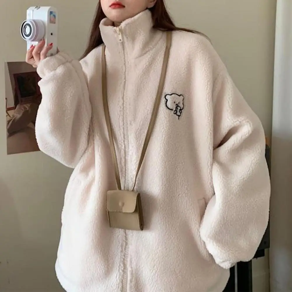 Lapel Long Sleeve Pockets Zipper Closure Women Cardigan Coat Autumn Winter Embroidery Bear Print Lamb Wool Overcoat Sweatshirt