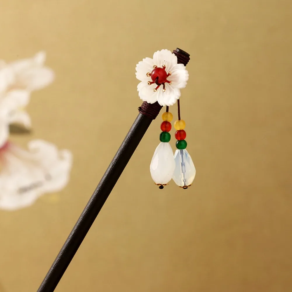 Decorative Chinese Style Flower Hair Sticks Retro Handmade Wooden Hairpin Hair Fork with Tassel Hair Chopsticks for Hanfu