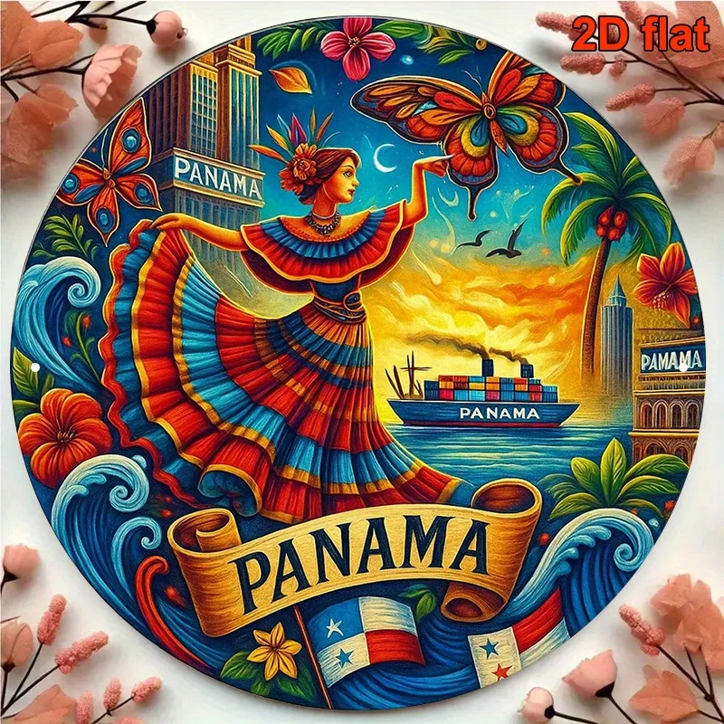 A Round Aluminum Sign in Italian Measuring 20.32X20.32 cm, Featuring a Vintage Decorative Plaque Themed Around 'Panama Vibes', S