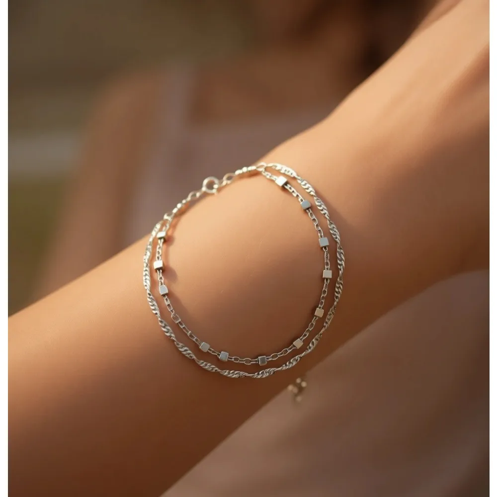 

Двойной браслет-цепочка из стерлингового серебра 925 пробы, минималистичный дизайн, для женщин, в подарок