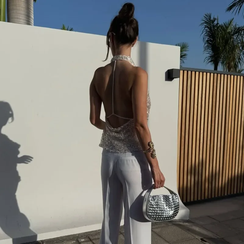 

Женский топ с пайетками DSMTRC, летний сексуальный модный топ, женский укороченный топ Y2K с V-образным вырезом, без рукавов, с открытой спиной, в стиле пэчворк, на шнуровке