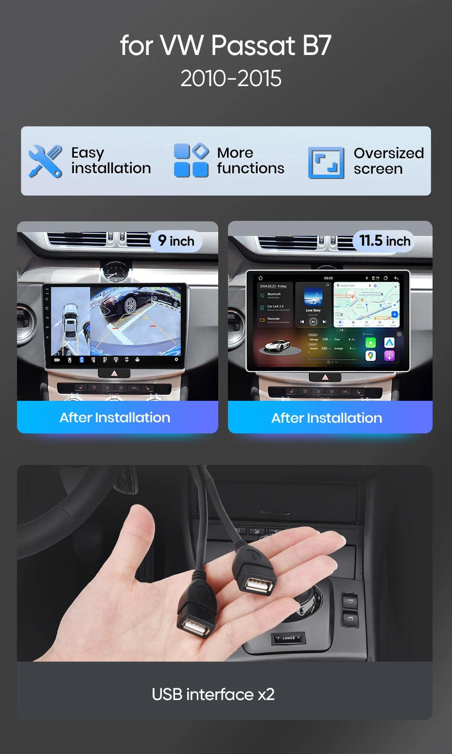 Junsun 10 Zoll Android 15 Autoradio für VW Passat B6 B7 CC 2010-2015, kabellos für Apple CarPlay, Auto IPS Touchscreen Stereo Multimedia Videoplayer, intelligente Fahrzeugsysteme, 2Din Autoradio Head Unit, GPS Navigation, BT 4G WIFI FM AM DSP RDS SWC DAB+ – Detail 5