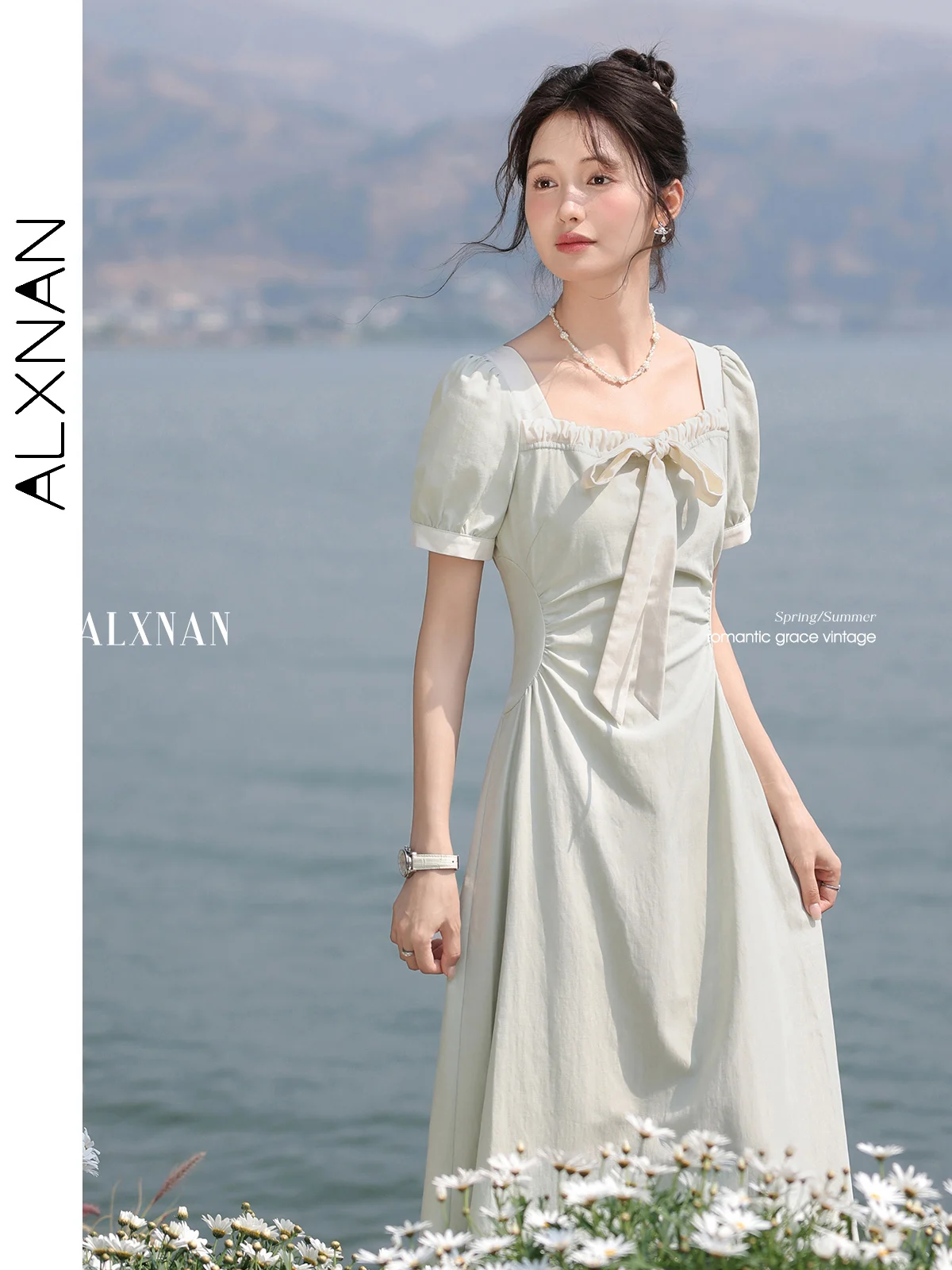 

ALXNAN женское длинное платье больших размеров зеленое с квадратным вырезом и коротким рукавом элегантное повседневное праздничное пляжное вечернее повседневное платье D10821