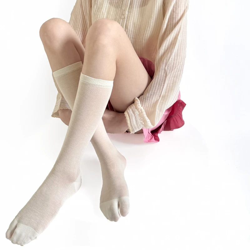 Toe Socks Women Spring and Summer Thin Cotton Two Toes Medium Tube Socks Japanese Casual Solid Color Black White Gray Calf Socks