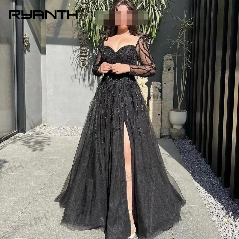 Ryanth Elegant Sweetheart A-line Evening Dresses Tassel Lace Layered /Tulle Floor length Prom Exquisite vestidos de noche فساتين