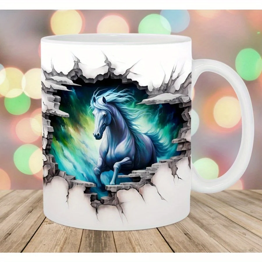 

1pc 3D Horse Hole In A Wall 11oz Mug,, Northern Lights Valentine's Day gift mugs, couple mugs, kitchen drinkware Funny Ceramic