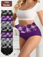 7pcs Women'S High-Waist Briefs - Comfortable & Breathable, Plus Size Panties with Floral Pattern, Tummy Control, and Stretchy