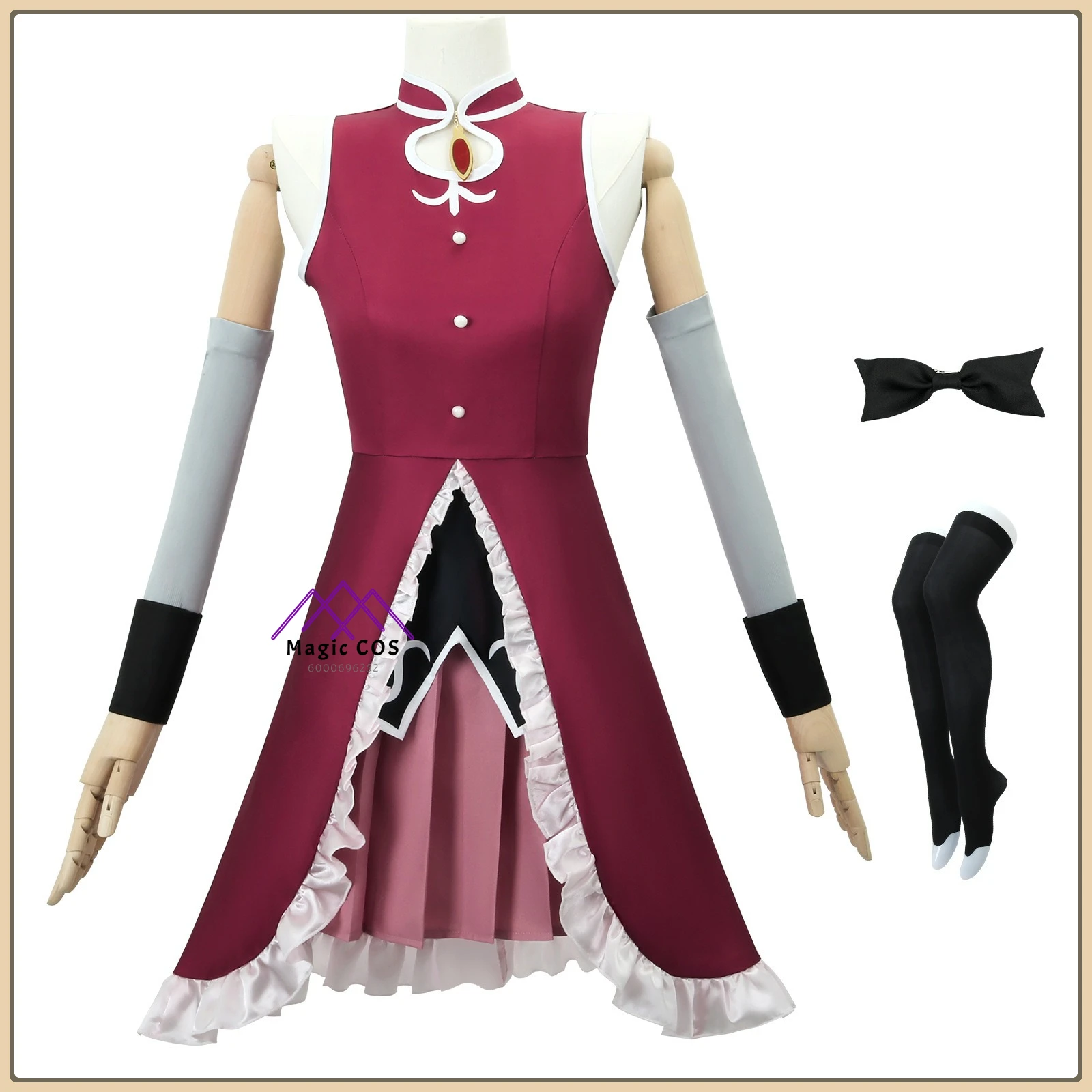 

Puella Magi Madoka Magica Sakura Kyoko Cosplay Full Set Red Battle Dress Wig Spear cape Gloves Women'sOutfit for Comic Con Party