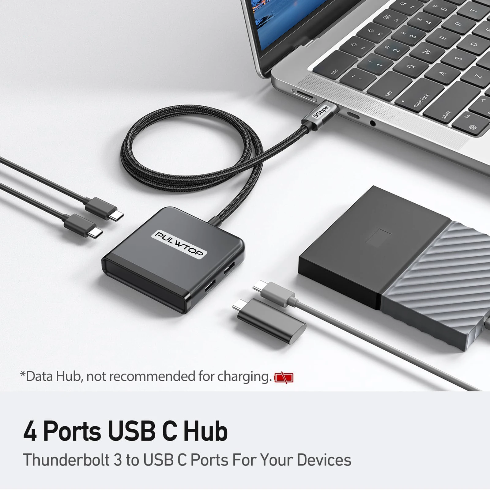 PULWTOP 4-Port USB C Hub, USB Hub Multiport Adapter with 4 Ports 5Gbps for MacBook Pro, Laptop, Chromebook, XPS.