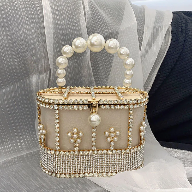 

French metal vegetable basket flower pearl diamond bag dinner party hollow rhinestone birdcage bucket hand messenger bag