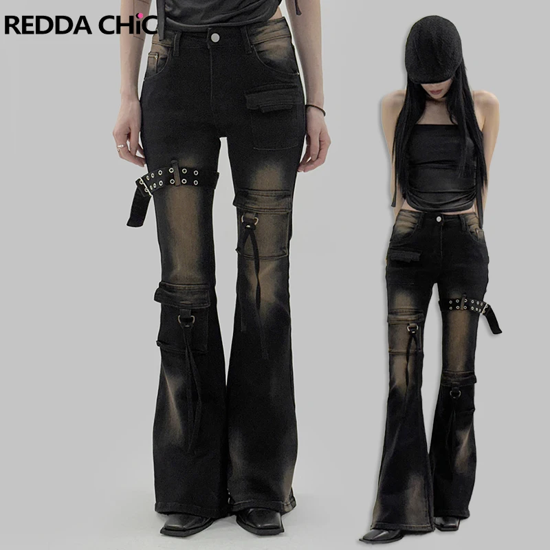 

REDDACHiC Vintage Eyelet Belt Bootcut Denim Pants Do Old Fitted Multi-pocket Stretch Low Waist Cargo Jeans Acubi Fashion Clothes