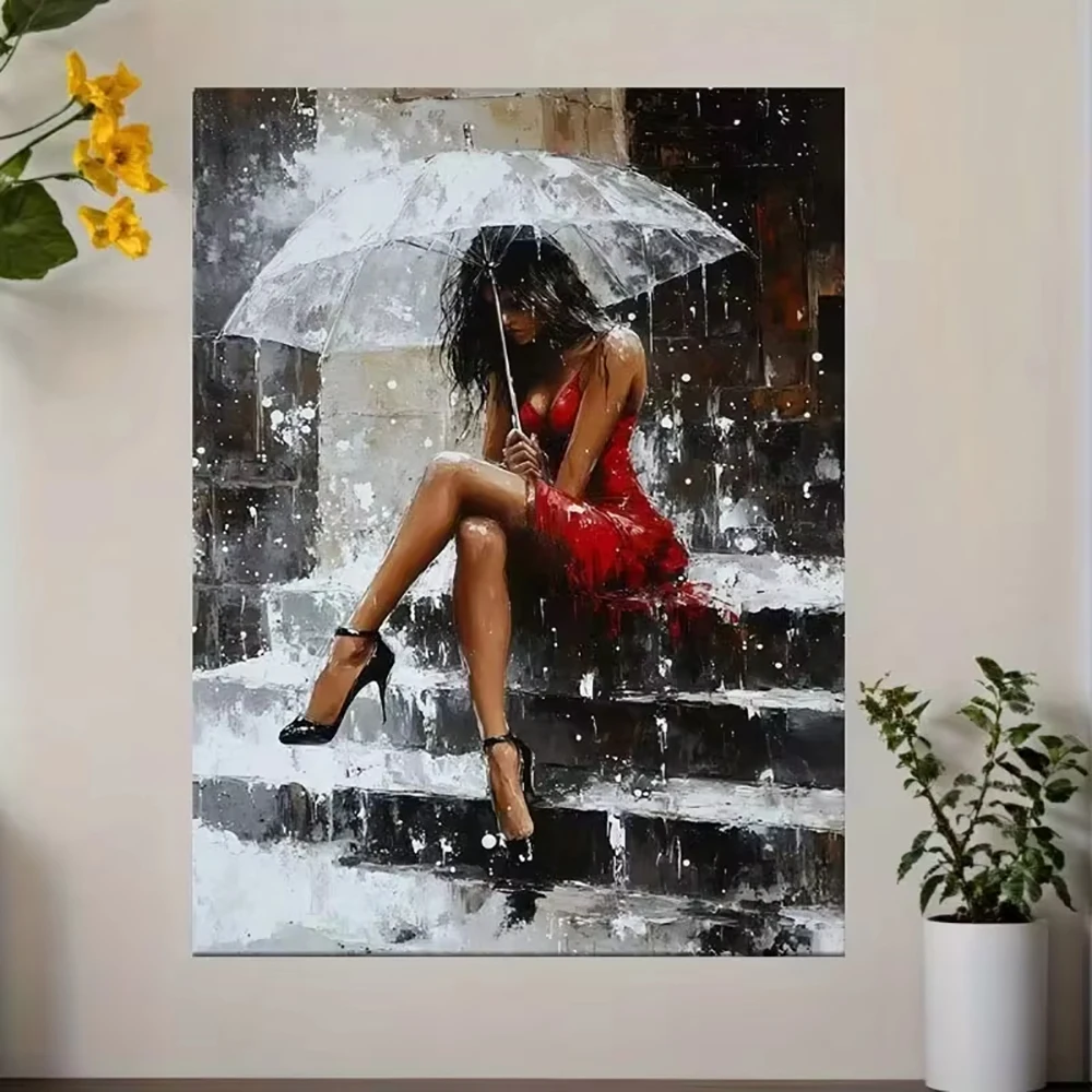 Woman in Red Dress Sat on The Steps Hold Umbrella Poster Print Animal Canvas Painting Wall Art Picture for LivingRoom Home Decor