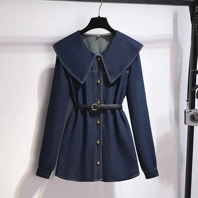 

Doll collar denim shirt jacket women's 2026 new spring senior sense small front shoulder super soft denim top