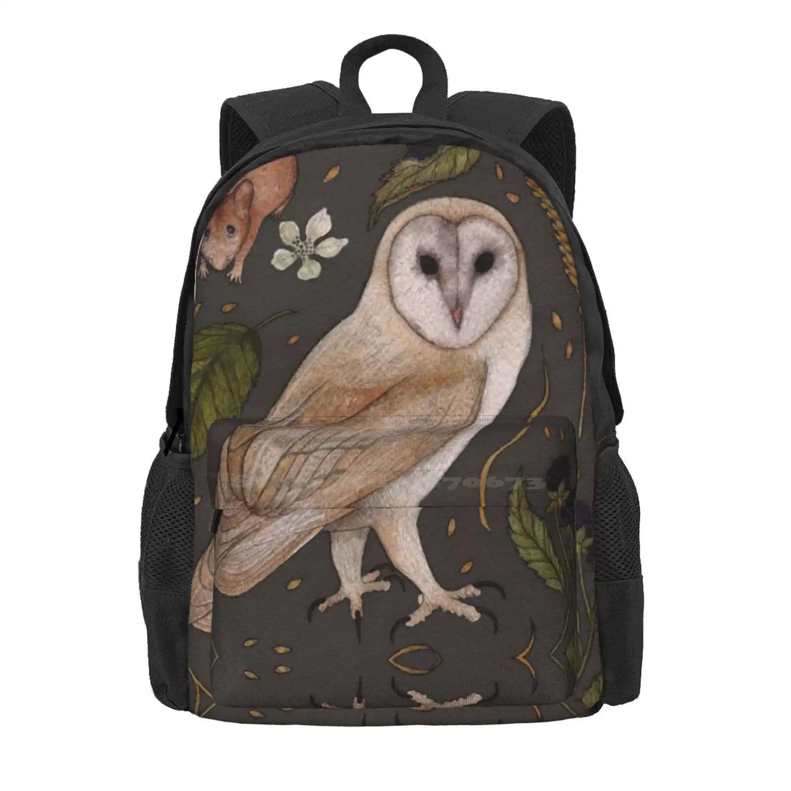 Barn Owl Hot Sale Schoolbag Backpack Fashion Bags Barn Owl Mouse Grey Botany Botanical Nature Fruit Watercolour Birds