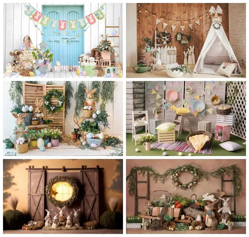 

Laeacco Easter Backgrounds Wooden House Green Grass Flowers Easter Eggs Rabbit Children Portrait Photography Backdrops Photocall
