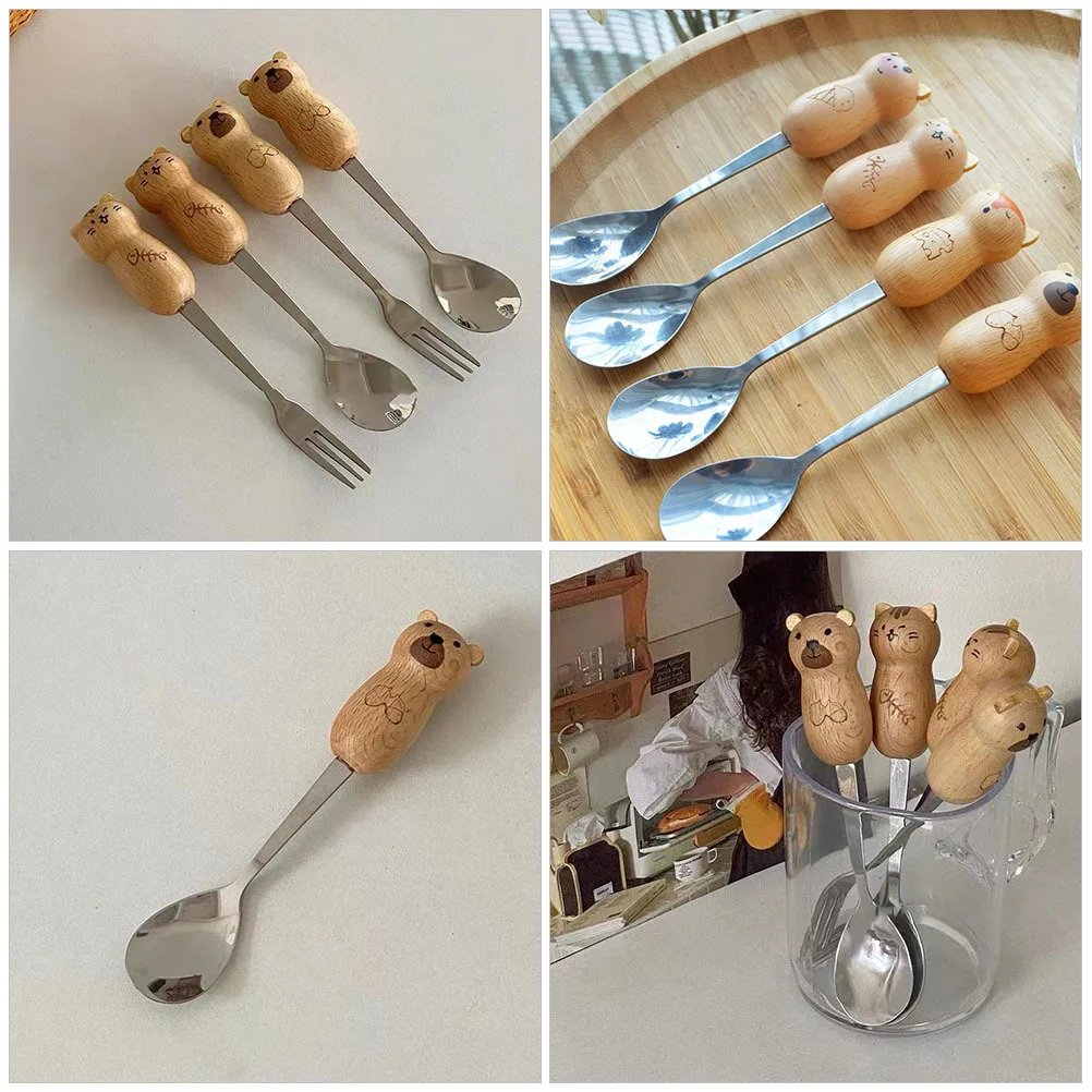

2pcs Bear Spoon Stainless Steel Mirror Finish Wooden Handle Long Handle Dessert Spoons For Coffee Ice Cream Jam Pudding Sauce