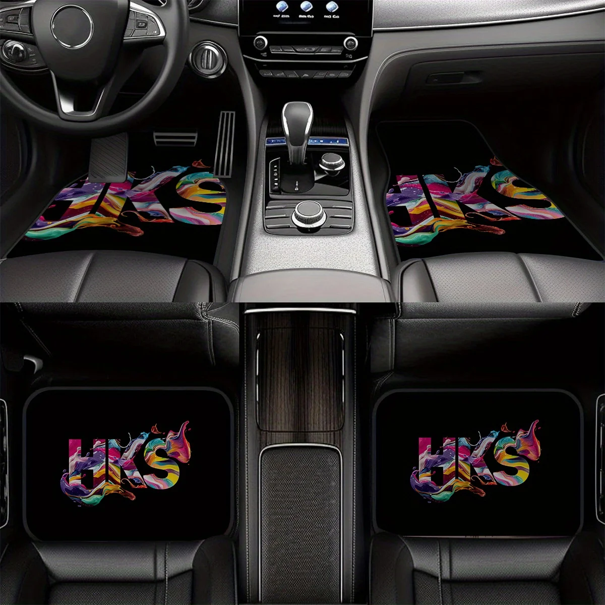 4pcs, Non-Slip Polyester Car Mats With Colorful HKS Letter Pattern, Suitable For Sedans And SUVs, Interior Decoration To Protect
