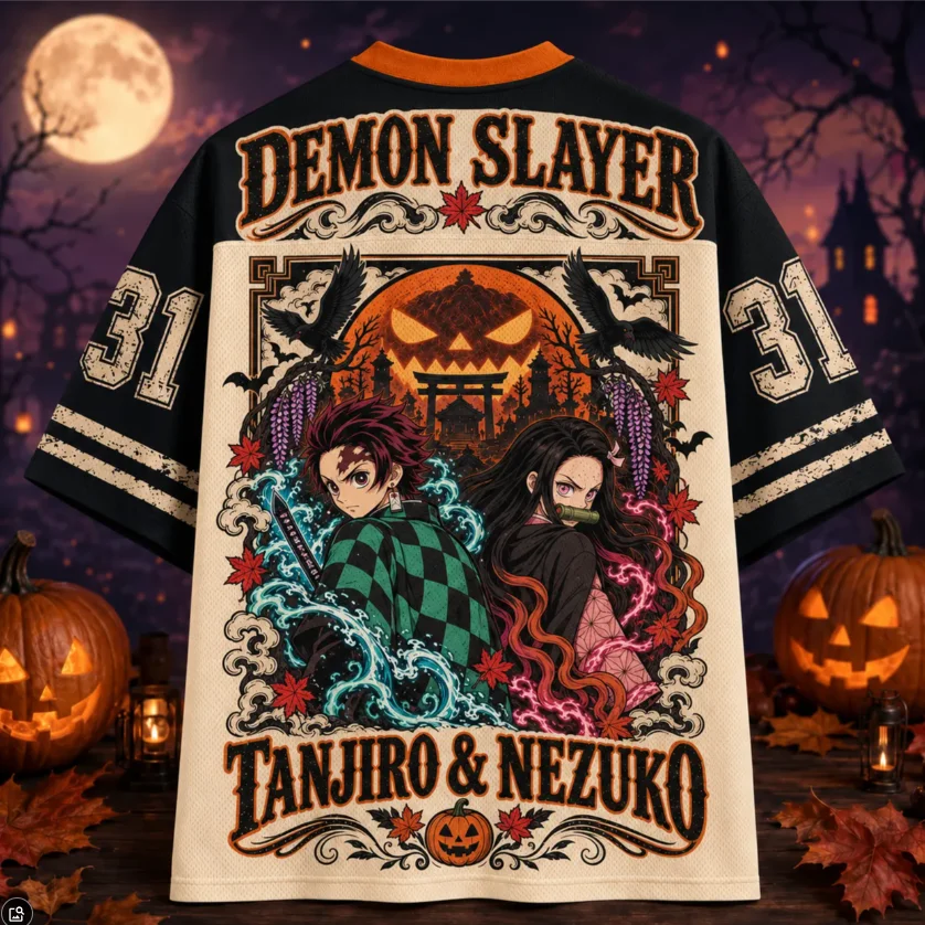 Demon Slayer Halloween Printed Mesh Sports Speed Dry V-neck Anime Charcoal Jiro and You Bean Pumpkin Pattern Sports Shirt