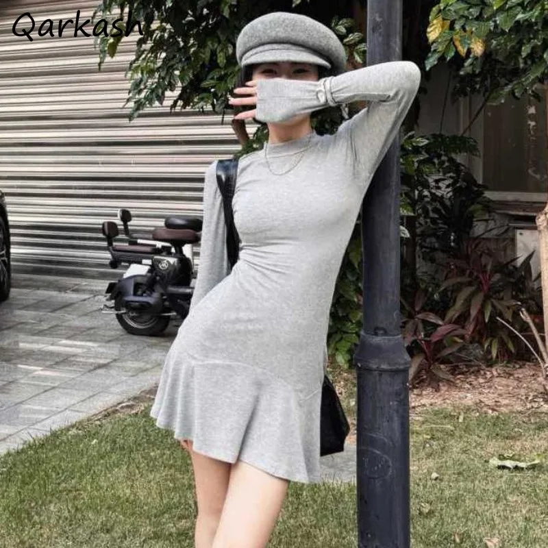 

Half High Collar Dresses Women Mini Solid Skinny Long Sleeve Autumn Ladies Clothing High Street Slim Simple Inside All-match