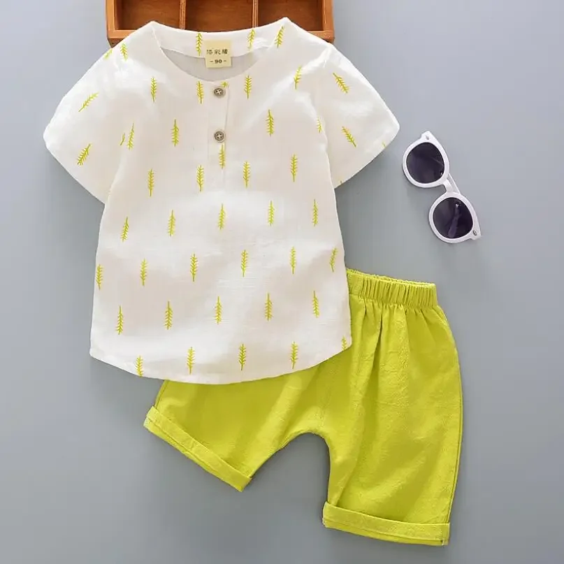 Ensemble de vêtements d'été en coton et lin pour bébé garçon, chemise à manches courtes + short, 2 pièces trempées