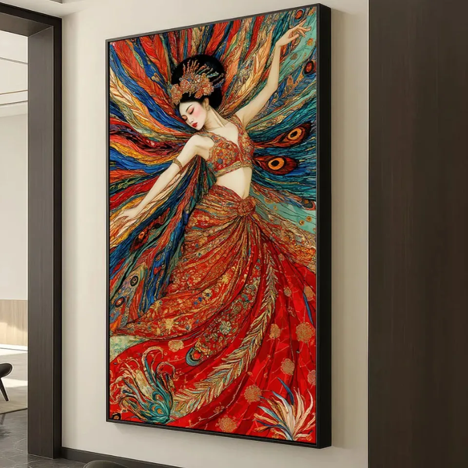 

New 2025 DIY 5d Diamond Painting Cross Stitch - Oriental Goddess Vibrant Woman in Red and Peacock Tones with Regal Headdress