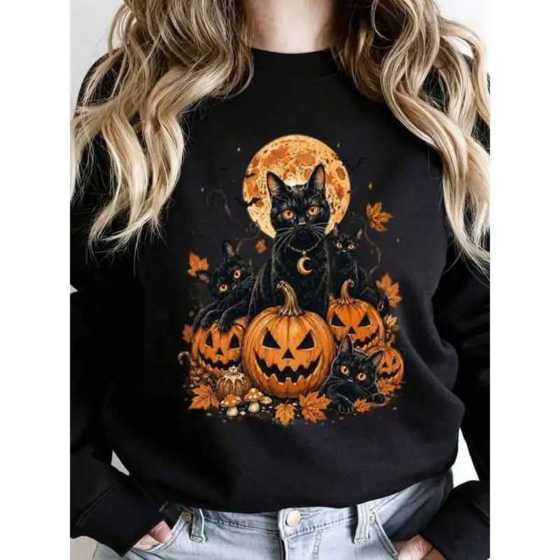 Halloween, Autumn, Long-Sleeved Pullover, Sweatshirt,Gothic Cute Style, Black Cat And Pumpkin Moon Print Pattern, Casual Wear