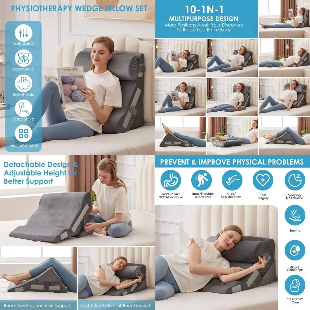 

Adjustable 3-Piece Bed Wedge Pillow Set for Sleep Apnea, Post-Surgery, Acid Reflux, Snoring, Neck & Back Support, 23 Wide, Grey