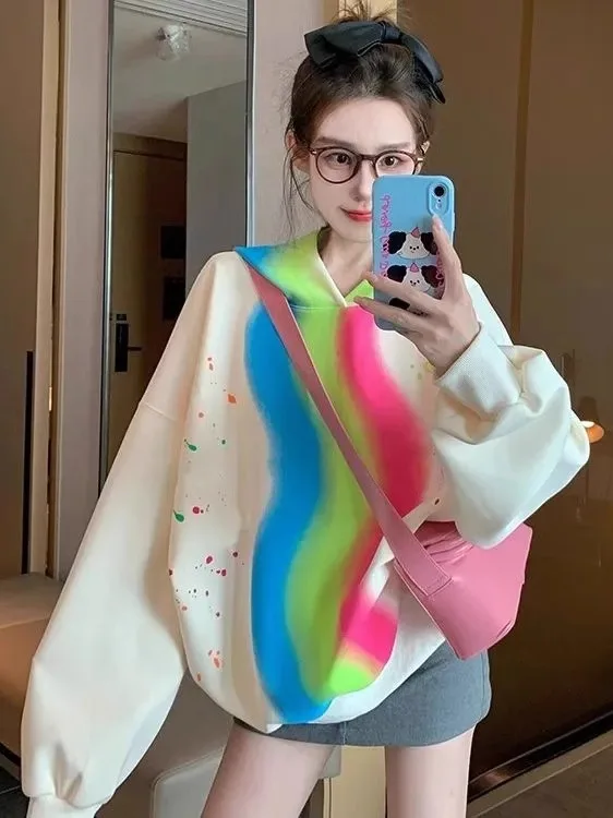 

Oversize Gradient Ombre Hoodie Women's Fleece Lined Thickened American Style Sweatshirt Commute Style Autumn Winter Casual Wear