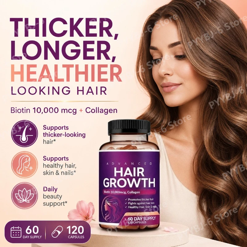 Advanced Hair Beauty Supplement with Biotin 10000mcg Collagen Keratin Supports Thicker Looking Hair Skin Nails 120 Capsules