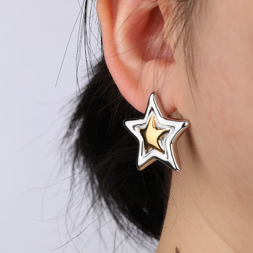 

Stainless Steel Gold&silver Mix Color Star Shape Stud Earrings Minimalist 18K Gold Plated Metal Geometric Jewelry 2025 New