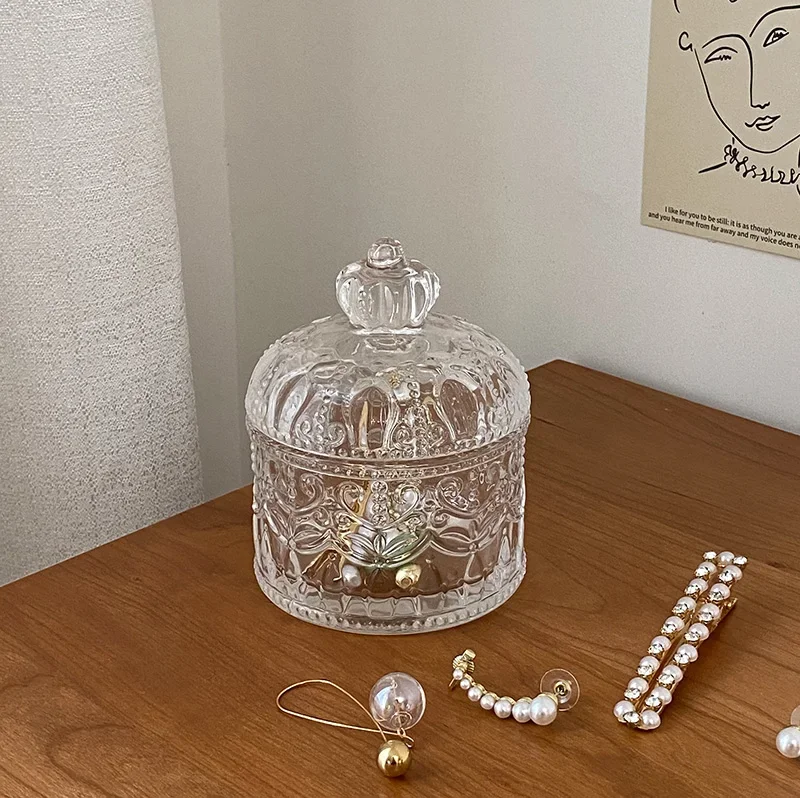 

ins wind crown relief glass jewelry box retro decorative ornament small exquisite jewelry storage box