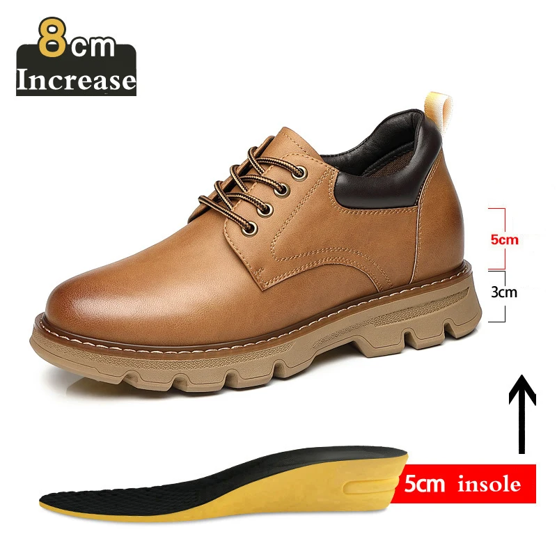 

Genuine Leather Men Sneakers Elevator Shoes Platform 6CM 8CM Height Increased Sports Shoes Thick Soled Outdoor Works Boots Shoes