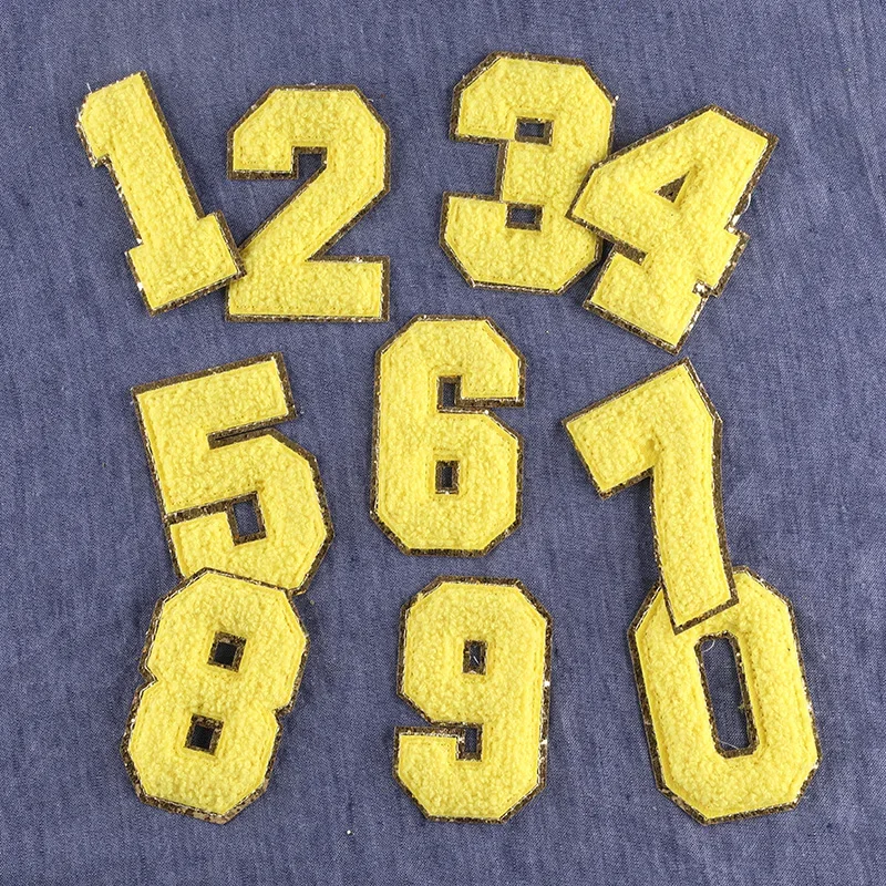 1pcs 8CM Yellow Chenille Number Patches Iron on Towel Embroidered Felt Glitter Sequins Heat Adhesive DIY Accessory