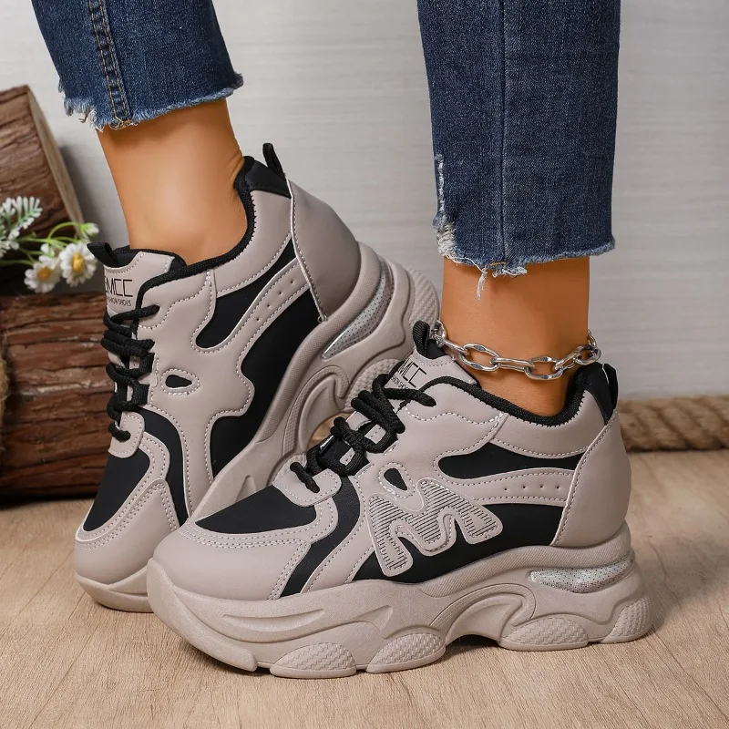 

Brand Designer Women's Shoes 2025 Autumn New Style Fashion Cross Lace Thick Sole Heightening Vulcanized Shoes Running Sneakers