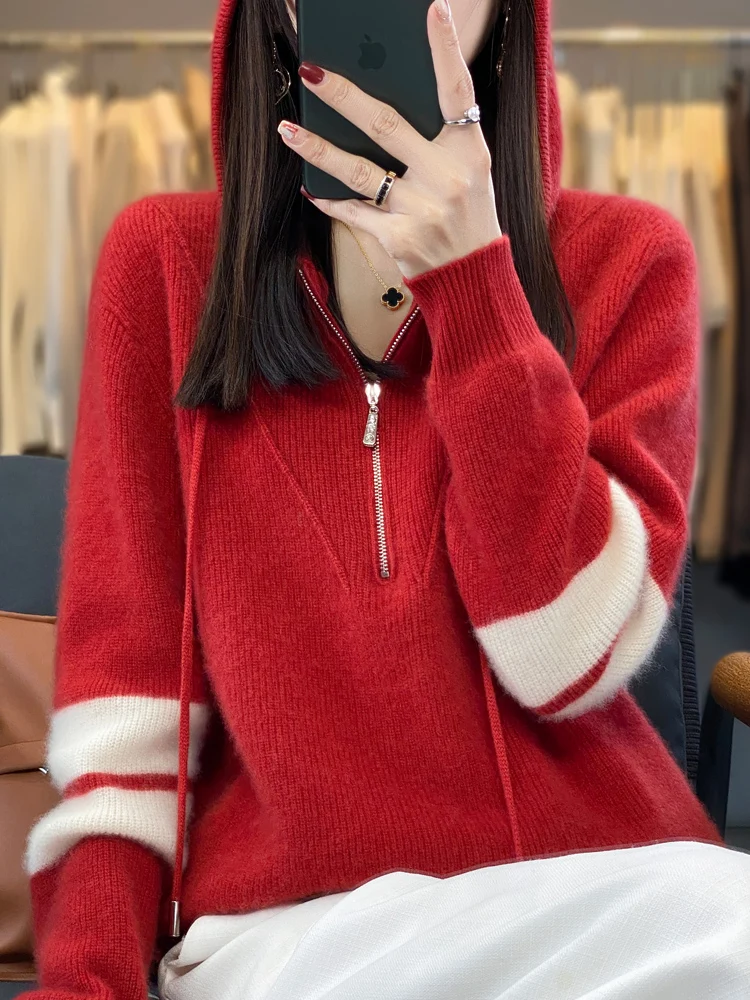 Women's Knitted Hooded Pullover, 100% Merino Wool Garment, Casual Oversized Sweater, Korean Fashion Jacket, Tops, Autumn, Winter