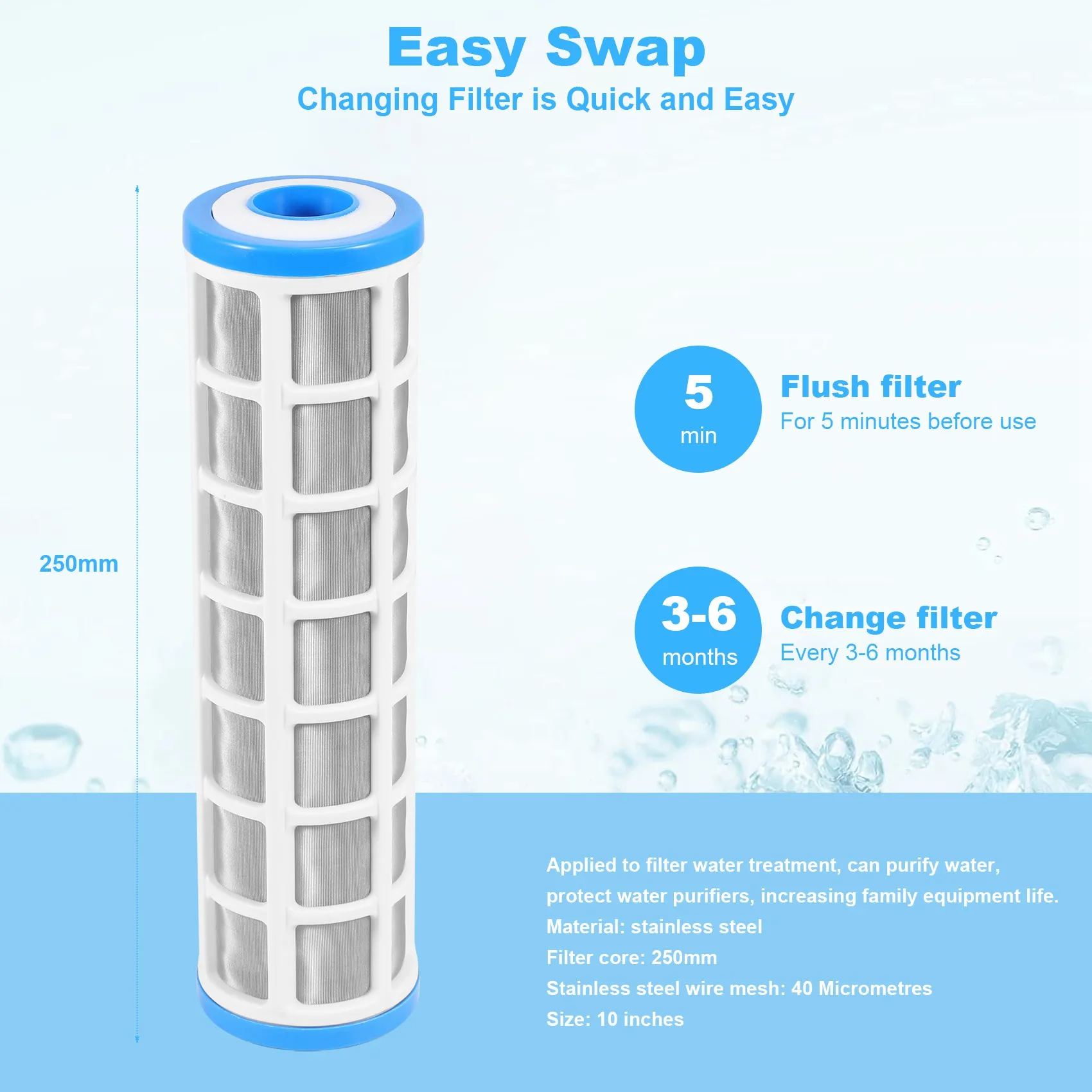 AA08I 10 Inch Stainless Steel Wire Mesh Filter Cartridge Water Purifier Pre Filter for Scale Prevention