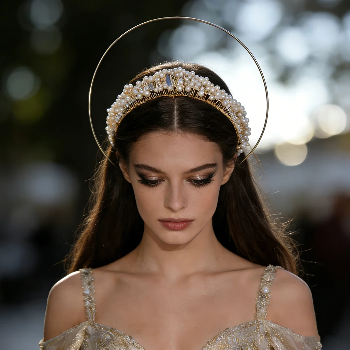 Golden Halo Pearl Crown: Bridal Statement Headpiece for Wedding