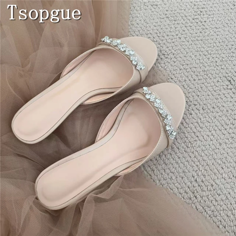 

Sparkly Rhinestone Flower Decor Women Slippers Peep Toe Kitten Heel Mules Crystal-Embellished Wedding Party Shoes