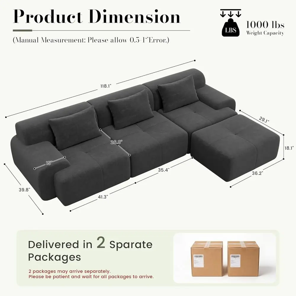 118'' ular BonelSoa,Sectional Couch or Living Room | Tuted Oversized L Shape Deep Seat Couch with Ottoman & 3 Throw Pillows,Cord