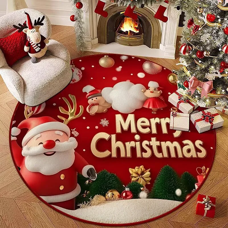 Christmas Style Living Room Decoration Red Carpet Round Rugs for Bedroom Washable Lounge Soft Floor Mat Anti-slip Children's Rug