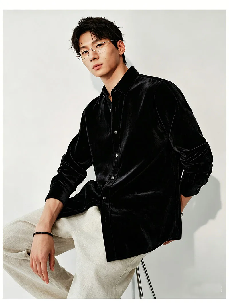 Feng Baoyu Natural Silk Velvet Men's Shirt. Loose Large-Sized Men's Clothing with Simple Style, Soft and Comfortable, Shiny.