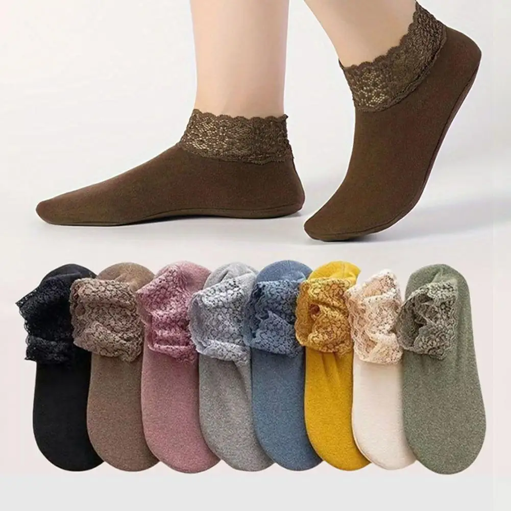 1 Pair Women Winter Socks Lace Trim Thickened German Velvet Short Type High Elasticity Anti-slip Floor Socks Comfort Warmth Swea