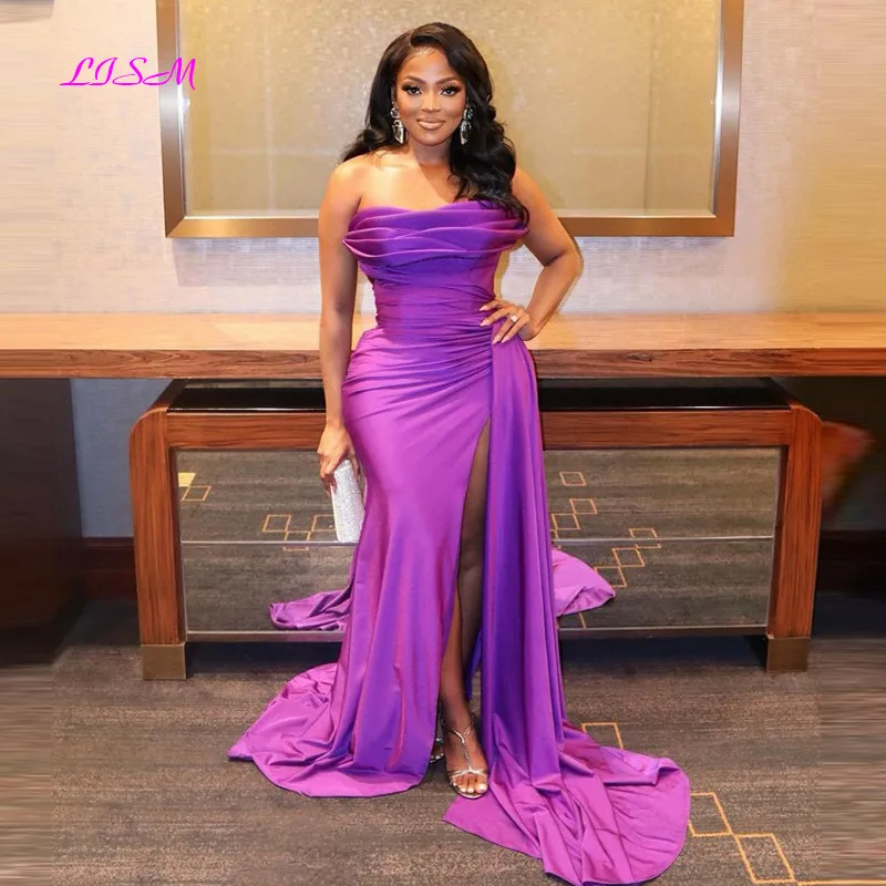 Sexy Purple Split Evening Dresses Strapless Mermaid Prom Gowns Sleeveless Afrcian Women Party Wear Sweep Train