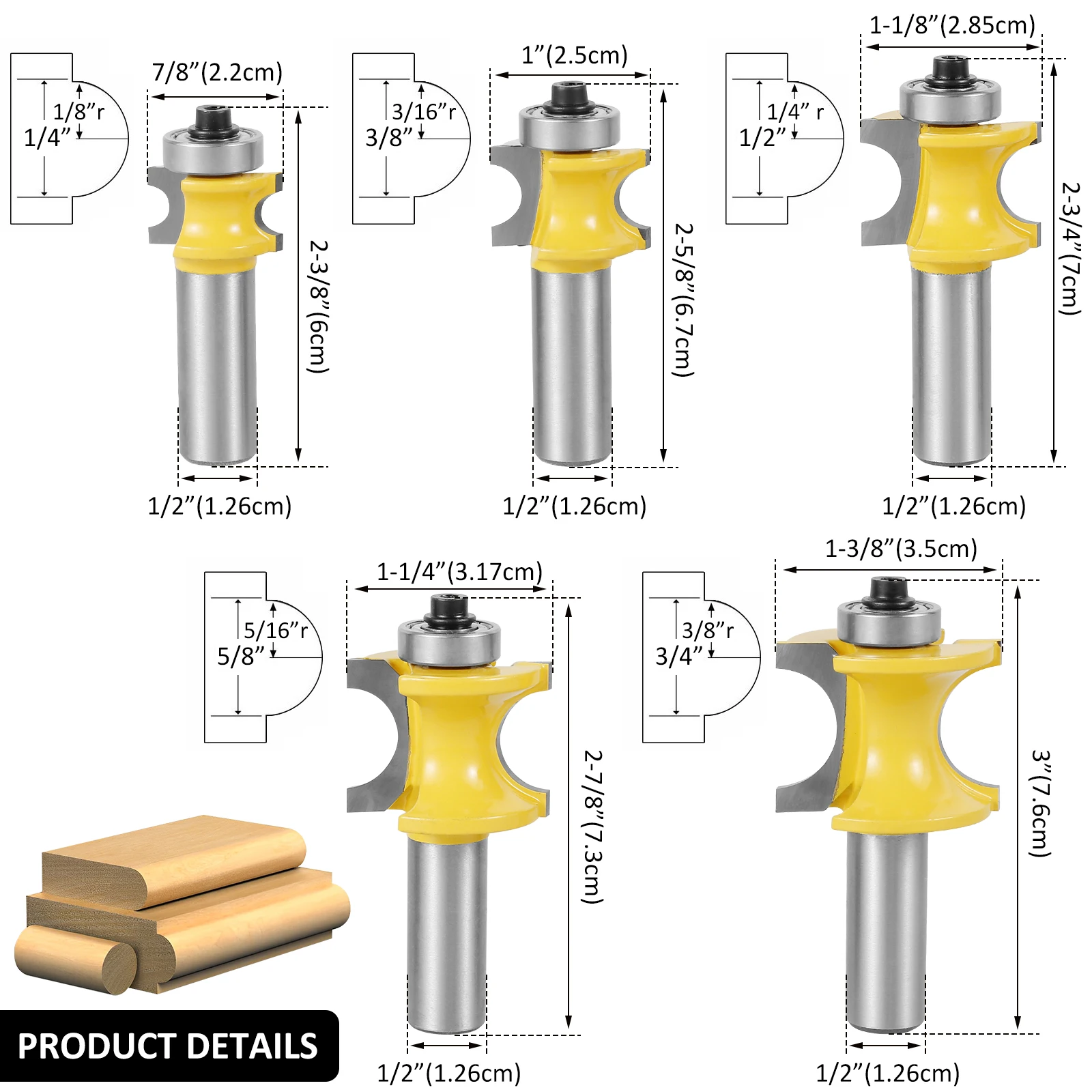 Bullnose Router Bit Cove Furniture Molding & Trim 1/2 Inch Shank Half Round Bearing Router Bit dge Cutting Bit Woodworking Tools