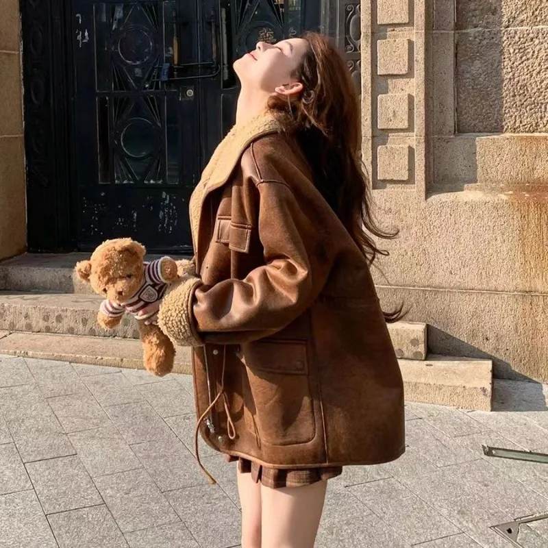 Women's Jackets Thick Warm Solid Suede Reversible Jacket Motorcycle Outer Coat Loose Female Overcoat Winter Autumn 2023