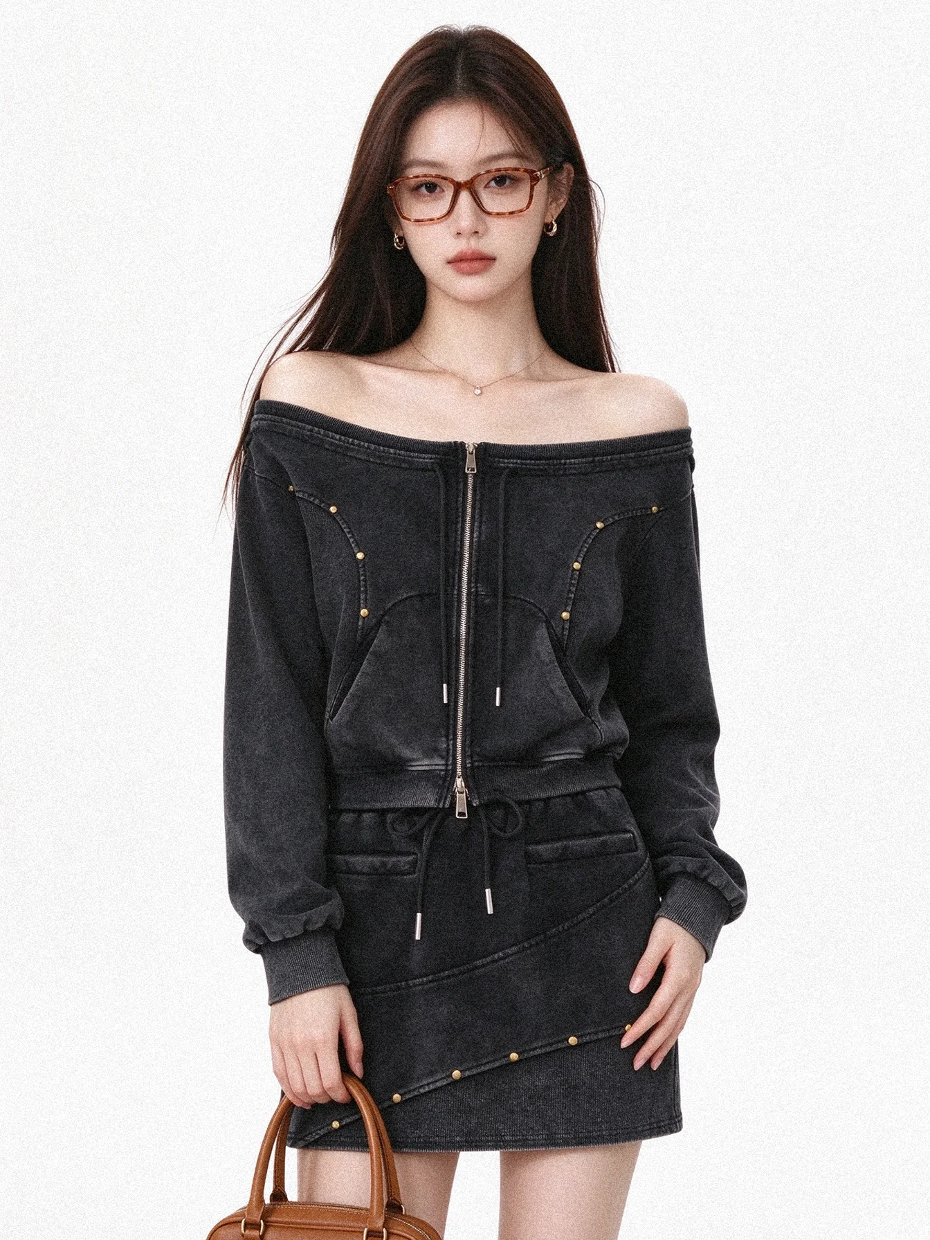Retro Style Zipper Open Cardigan And A-Line  Skirt Set High Waist Short Skirt Casual Fashion Autumn New Arrival Women's E...
